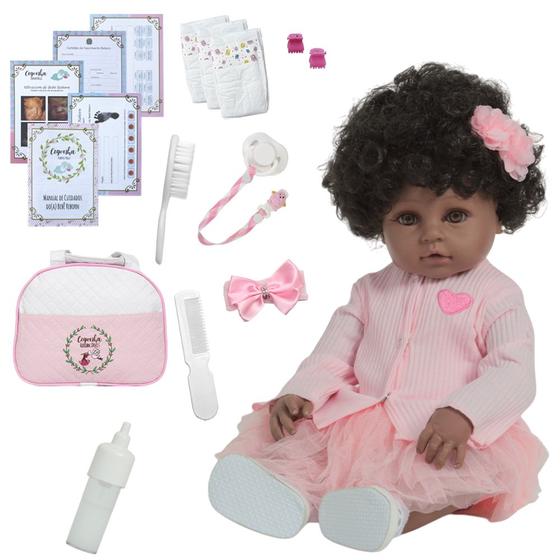 Imagem de Bebê Reborn Menina Negra Cabelo Cacheado Bolsa 20 Itens