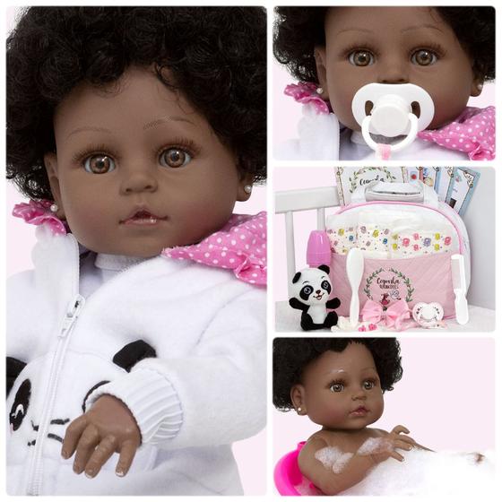 Imagem de Bebe Reborn Menina Negra Panda Cabelo Cacheado Pode Banho