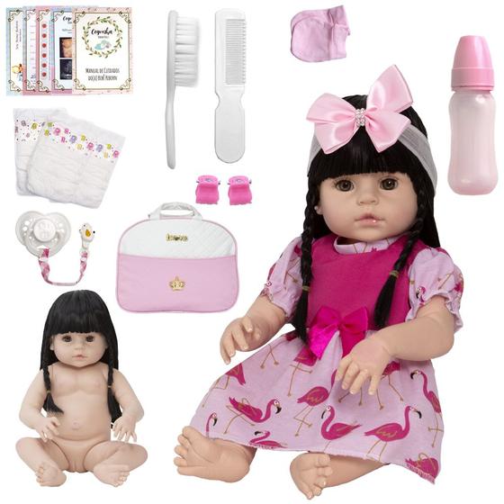 Imagem de Bebê Reborn Menina Recem Nascida Vestido Rosa Itens Bolsa