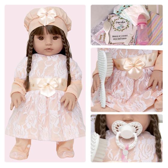 Imagem de Bebe Reborn Menina Roupa Salmão Cabelos Castanhos NPK Doll