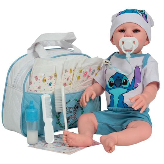 Imagem de Bebê Reborn Menino Roupa Stitch Azul Linda Enxoval Completo