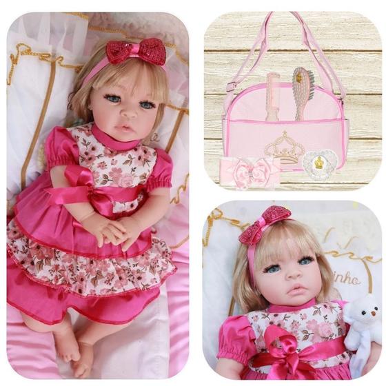 Imagem de Bebê Reborn Morena Enxoval Baby Dolls 16 Itens Recém Nascido