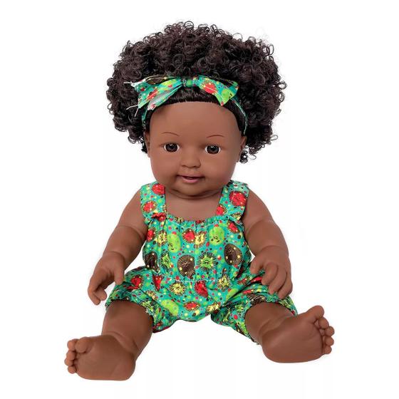Imagem de Bebê Reborn Negra Morena Boneca Realista Pode Dar Banho Cabelo Cacheado Crespo Vinil ou Silicone Com Kit