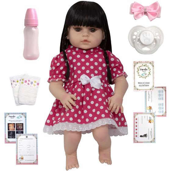 Imagem de Bebe Reborn Nicole Morena Corpo de Vinil 46cm Kit Acessórios