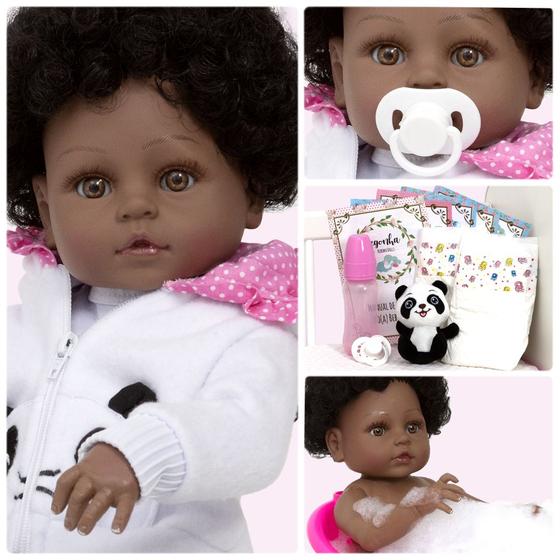 Imagem de Bebe Reborn Pandinha Negra 100% Silicone Com Itens Pelúcia