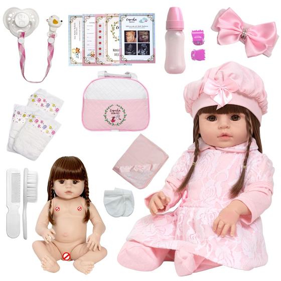 Imagem de Bebe Reborn Princesa Vestido Rosa 46cm Itens Pode Dar Banho