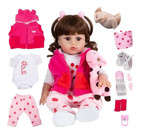 Bebe Reborn Realista Girafinha Menina de Silicone 48cm Olhos Castanhos ...