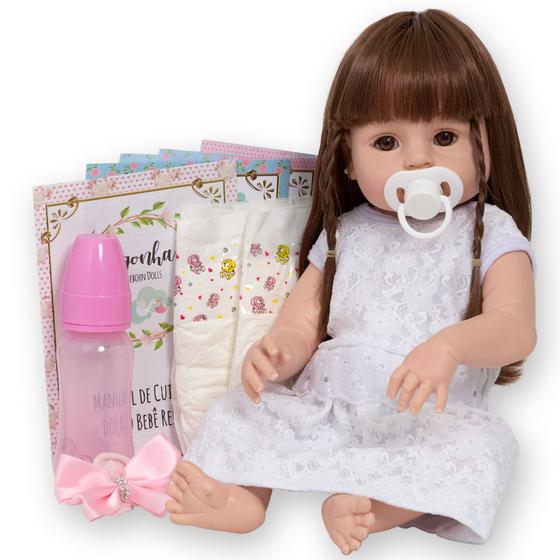 Imagem de Bebe Tipo Reborn Menina Gatinha Vestido Branco + Acessórios