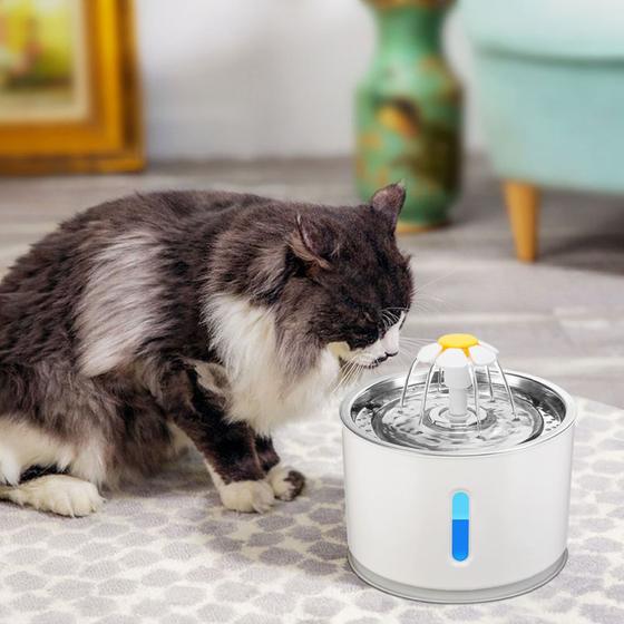 Imagem de Bebedouro Fonte PET Filtro de Agua P/ Gatos Cães Animais de Estimação USB LED 2.4L Aço Inoxidável
