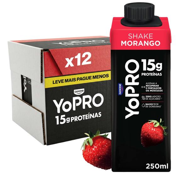 Bebida Láctea UHT 15g de Proteínas Danone YoPRO Morango Zero Açúcar 250ml 12 Unidades