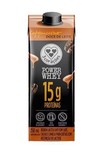 Imagem de Bebida Láctea UHT 3 Corações Power Whey Cappuccino Doce De Leite 15G de Proteínas com Cafeína 250ml - 12 unidades