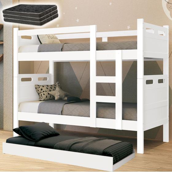 Imagem de Beliche 3 Em 1 Com Cama Auxiliar Completa E Escada Reforçada Com Colchões D20 inclusos