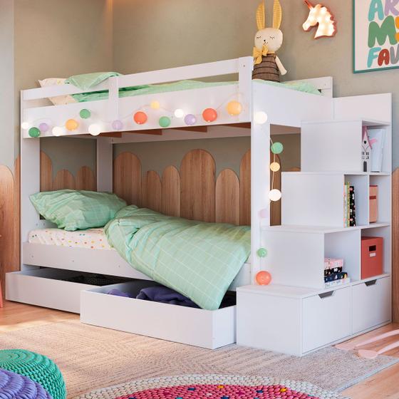 Imagem de Beliche 4 Gavetas com Escada Branco - Completa Móveis