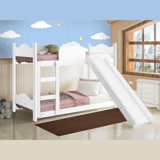 Imagem de Beliche Cama Infantil com Colchão Escorregador Proteção Lateral Completa Móveis Branco