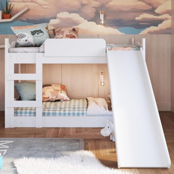 Imagem de Beliche Cama Solteiro Infantil com Escada Escorregador Proteção Lateral Quarto Dormitório Branco