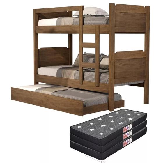 Imagem de Beliche com Escada Cama Auxiliar 100% MDF Reforçada Incluso 3 Colchões Solteiro 188x88cm