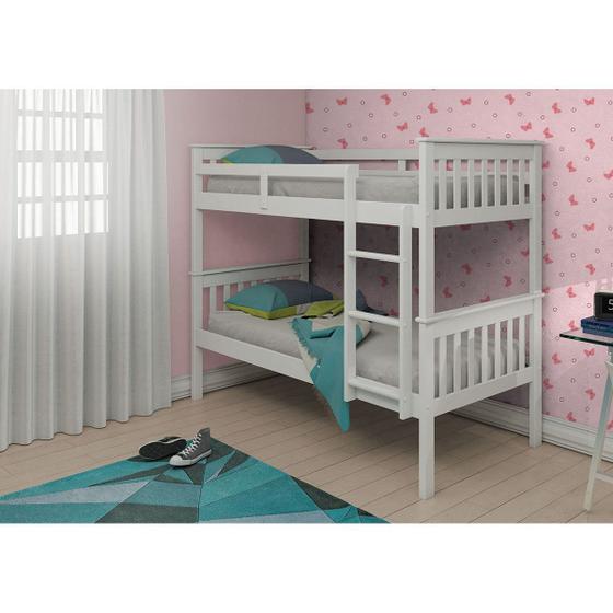 Beliche de Solteiro Madeira Maciça com Escada Fixa para Quarto de Menina Branco Menor preço em Beliche de Solteiro Madeira Maciça com Escada Fixa para Quarto de Menina Branco