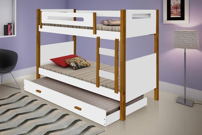 Imagem de Beliche Heloisa Branco/Mel com Escada e Grade de Proteção com Cama Auxíliar com 3 colchões