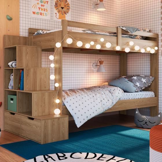 Imagem de Beliche Infantil 2 Gavetas com Escada Aveiro Oak - Completa Móveis