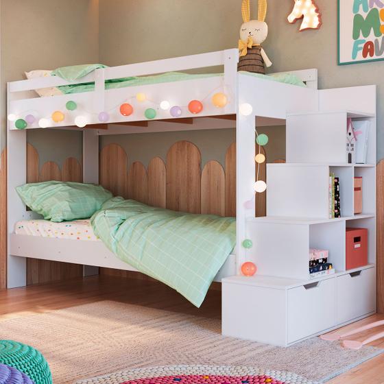 Beliche Infantil 2 Gavetas com Escada Playground Branco - Panorama Móveis Menor preço em Beliche Infantil 2 Gavetas com Escada Playground Branco - Panorama Móveis
