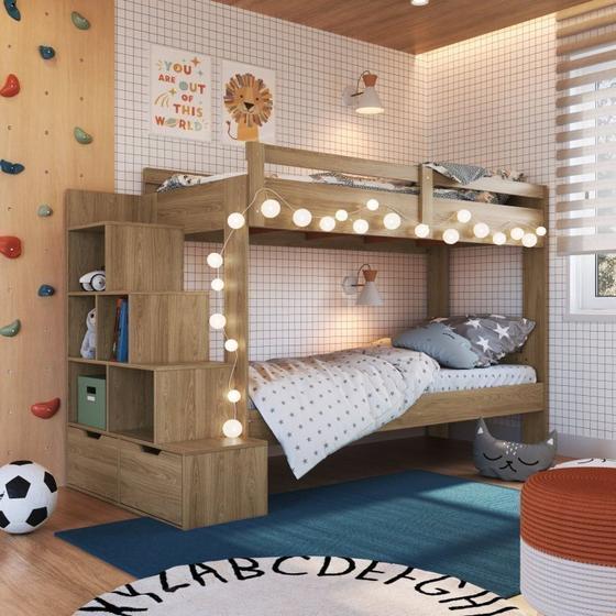 Imagem de Beliche Infantil com Escada Nichos 2 Gavetas 2 Colchões