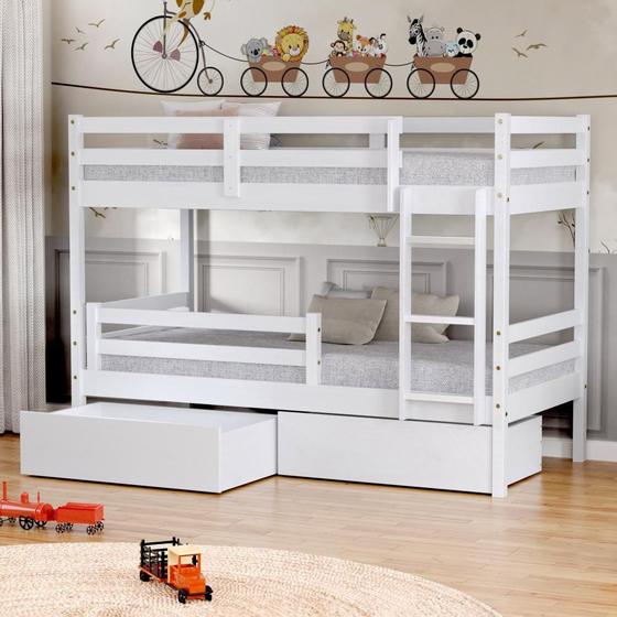 Imagem de Beliche Infantil Eco com 02 Gavetas e Grade de Proteção Madeira Maciça Branco Mobilistore