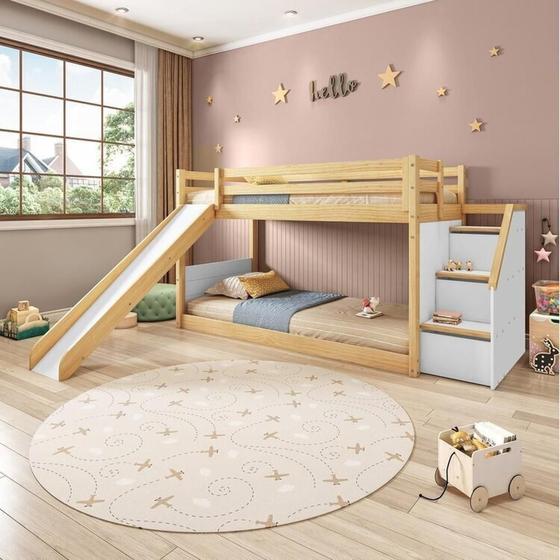 Imagem de Beliche Infantil Montessoriana Garden com Escada Lateral Grade Proteção I e Escorregador Casatema Branco/Natural