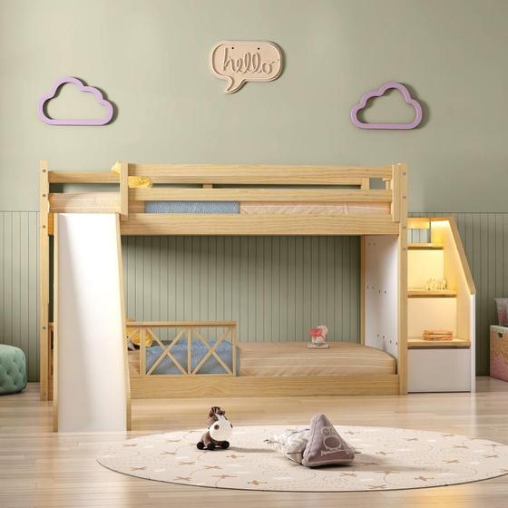 Imagem de Beliche Infantil Montessoriana Garden com Escada Lateral,grade Proteção I e Escorregadore Grade X Du Branco/Natural