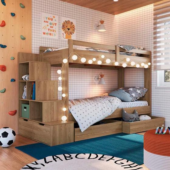 Imagem de Beliche Infantil Solteiro Com Escada E Gavetões Aveiro OAK Stoney Completa Móveis