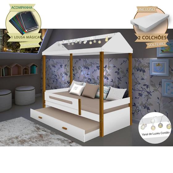 Imagem de Beliche Montessoriana Infantil Sara Solteiro C/ Led e Colchões - Branco/amêndoa Incluso Lousa Mágica