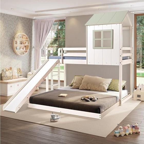 Imagem de Beliche Queen Montessoriano Cabana Family com Escorregador Branco/Verde - Casatema