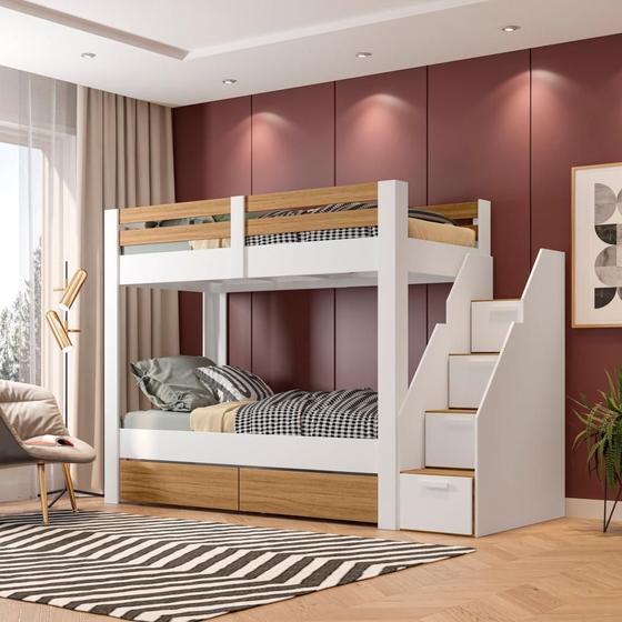 Beliche Solteiro Adulto com 2 Gavetões e 4 Nichos Star Plus Casatema Branco/Amadeirado Menor preço em Beliche Solteiro Adulto com 2 Gavetões e 4 Nichos Star Plus Casatema Branco/Amadeirado