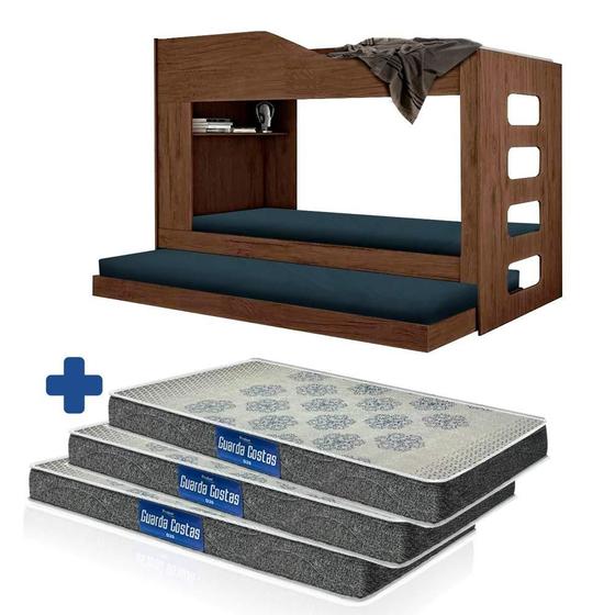 Imagem de Beliche Solteiro Com Cama Auxiliar 100% MDF Amêndoa Hibisco Incabrás Com 3 Colchões Probel