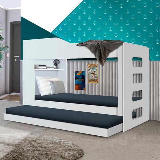 Imagem de Beliche Solteiro Com Cama Auxiliar 100% MDF Branco Hibisco Incabrás