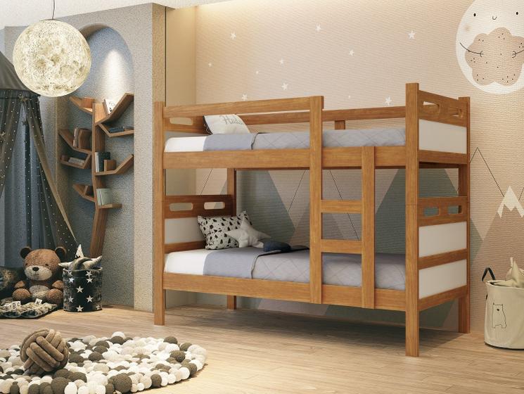 Imagem de beliche solteiro com grade proteção parafusada jaspe nature com off white MDF