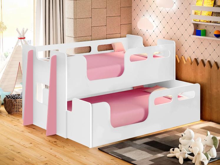 Beliche Solteiro Montessori C/ Barra De Proteção Branco/Rosa Menor preço em Beliche Solteiro Montessori C/ Barra De Proteção Branco/Rosa