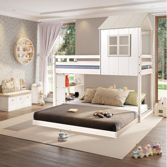 Imagem de Beliche Solteiro Queen Montessoriano Cabana Family com Escorregador e Estante Casatema Branco/Off White