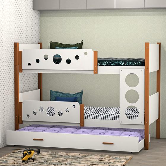 Imagem de Beliche Solteiro Star com Cama Auxiliar - Branco com Mel 