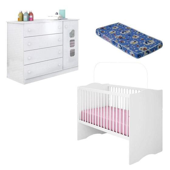 Imagem de Berço Alegria e Cômoda Infantil Lívia Branco Brilho com Colchão Ortobom  Phoenix