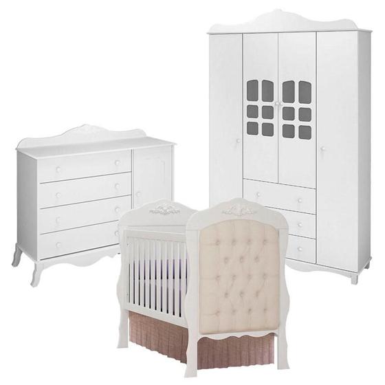 Imagem de Berço Americano com Capitonê e Cômoda Infantil Realeza com Guarda Roupa Infantil Imperial 4 Portas Branco Acetinado - Canaã