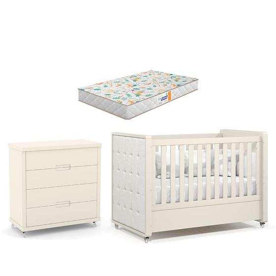 Imagem de Berço Americano com Capitonê New Boucle e Cômoda Gaveteiro Infantil Tutto New Off White e Colchão Gazin - Matic