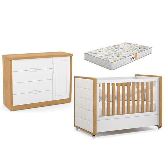 Imagem de Berço Americano com Capitonê New Boucle e Cômoda Infantil Tutto New Freijó Branco Acetinado e Colchão Gazin - Matic