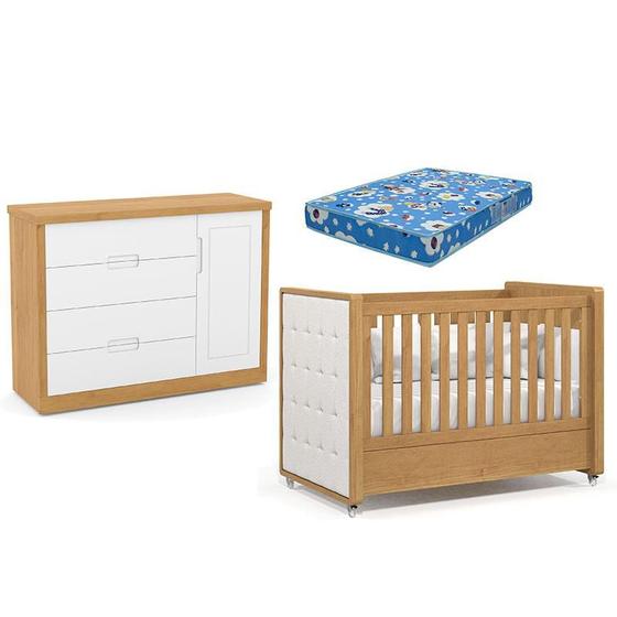 Imagem de Berço Americano com Capitonê New Boucle e Cômoda Infantil Tutto New Freijó e Colchão Ortobom - Matic