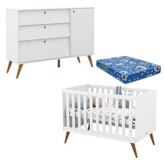 Imagem de Berço Americano com Colchão e Cômoda Infantil Retro Gold Branco Soft Eco Wood  Matic