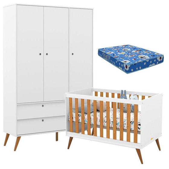 Imagem de Berço Americano com Colchão e Guarda Roupa Infantil 3 Portas Retro Gold Branco Freijó Eco Wood  Matic