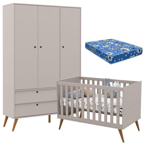 Imagem de Berço Americano com Colchão e Guarda Roupa Infantil 3 Portas Retro Gold Cinza Eco Wood  Matic