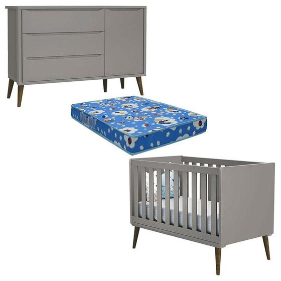 Imagem de Berço Americano e Cômoda com Porta Infantil Theo Cinza com Colchão Ortobom Phisical 130x70 cm  Reller