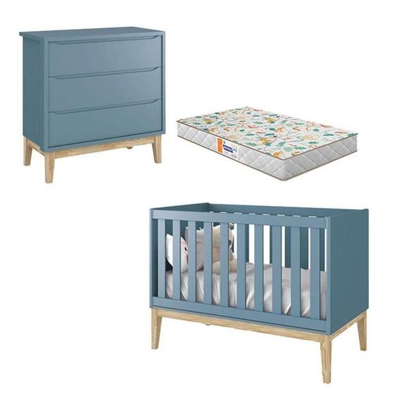 Imagem de Berço Americano E Cômoda Gaveteiro New Classic Azul Com Pés Madeira E Colchão Gazin - Reller