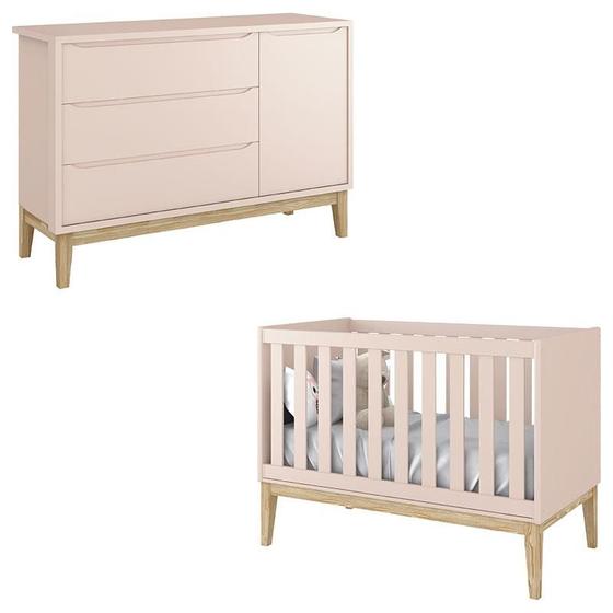 Imagem de Berço Americano e Cômoda Infantil 1 Porta Classic Rosa com Pés Madeira Natural  Reller