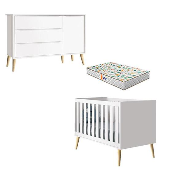 Imagem de Berço Americano e Cômoda Infantil 1 Porta Theo Branco Pés Madeira Natural com Colchão Gazin  Reller